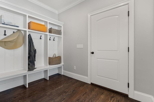 mudroom with ornamental molding and dark hardwood / wood-style floors