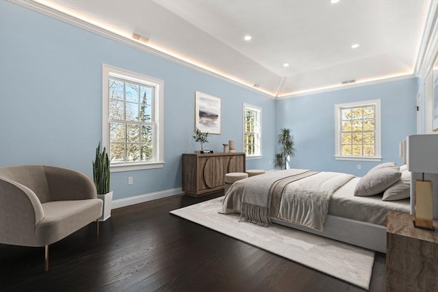 bedroom featuring a tray ceiling, dark hardwood / wood-style floors, and multiple windows