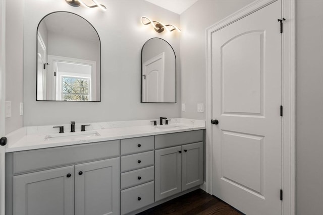 bathroom featuring vanity and wood-type flooring