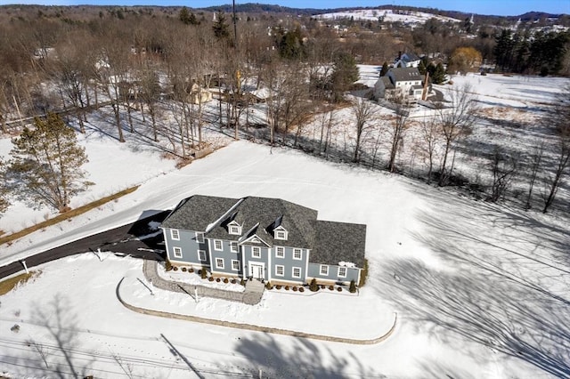 snowy aerial view featuring a mountain view