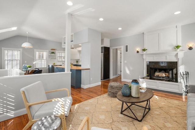 living room with a premium fireplace, lofted ceiling with skylight, and light hardwood / wood-style floors