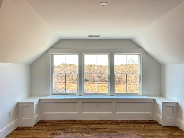 bonus room with lofted ceiling and dark wood-type flooring