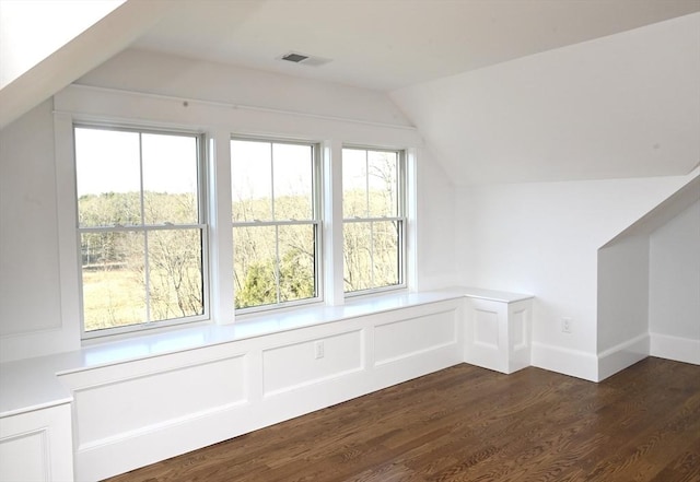 additional living space featuring dark hardwood / wood-style floors and vaulted ceiling