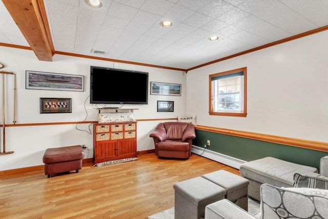 living room with beam ceiling, ornamental molding, wood-type flooring, and baseboard heating