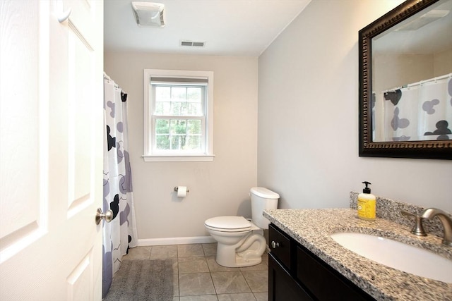 full bathroom featuring visible vents, baseboards, toilet, tile patterned flooring, and vanity