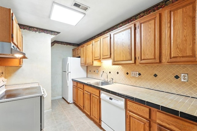 124 College St Unit 20, South Hadley, MA 01075 - kitchen with white appliances, under cabinet range hood, a sink, and tasteful backsplash