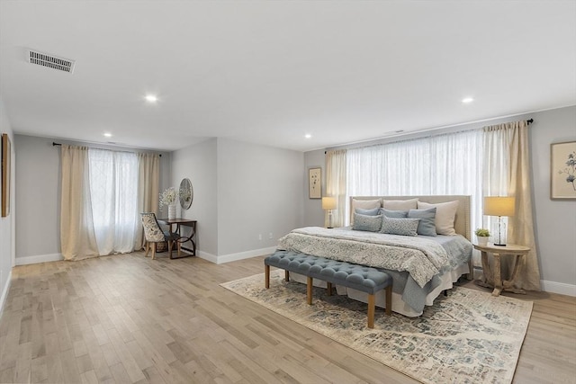 bedroom featuring light hardwood / wood-style floors and multiple windows