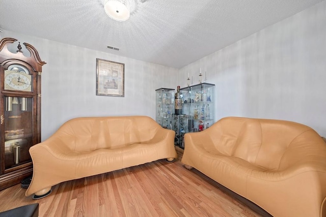 living room with hardwood / wood-style flooring and a textured ceiling