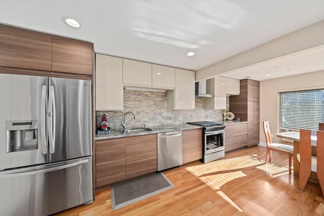 kitchen featuring white cabinetry, decorative backsplash, sink, light hardwood / wood-style flooring, and stainless steel appliances