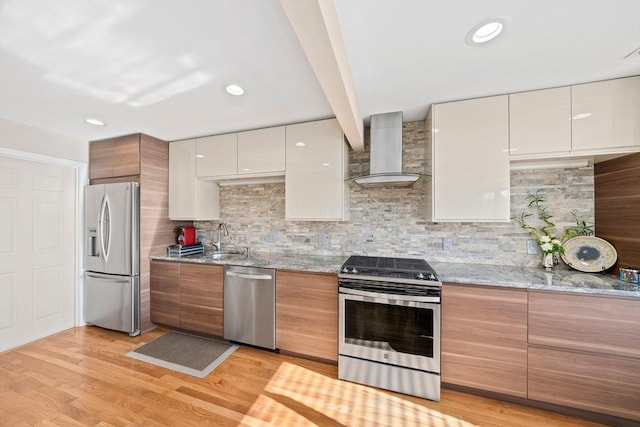 kitchen featuring white cabinetry, wall chimney range hood, decorative backsplash, and stainless steel appliances