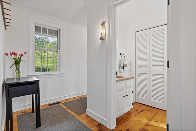 6 Shannon Cir, Westford, MA 01886 - bathroom featuring wood-type flooring, baseboards, vanity, and crown molding