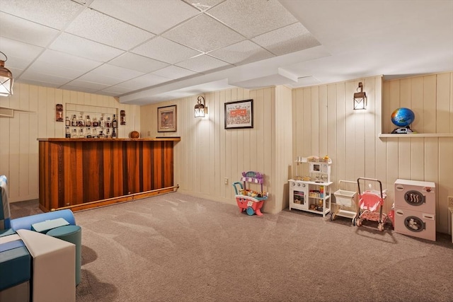 6 Shannon Cir, Westford, MA 01886 - game room with carpet floors, a bar, wooden walls, and a drop ceiling