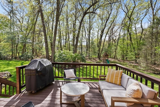6 Shannon Cir, Westford, MA 01886 - wooden terrace featuring grilling area, an outdoor living space, a playground, and a yard