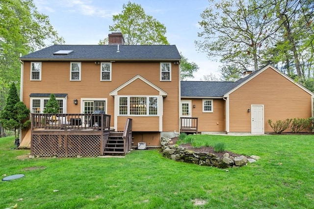 6 Shannon Cir, Westford, MA 01886 - back of house with a chimney, a wooden deck, a yard, stairs, and roof with shingles
