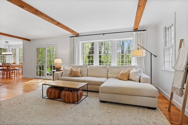 6 Shannon Cir, Westford, MA 01886 - living area with beam ceiling, hardwood / wood-style flooring, baseboards, and a chandelier