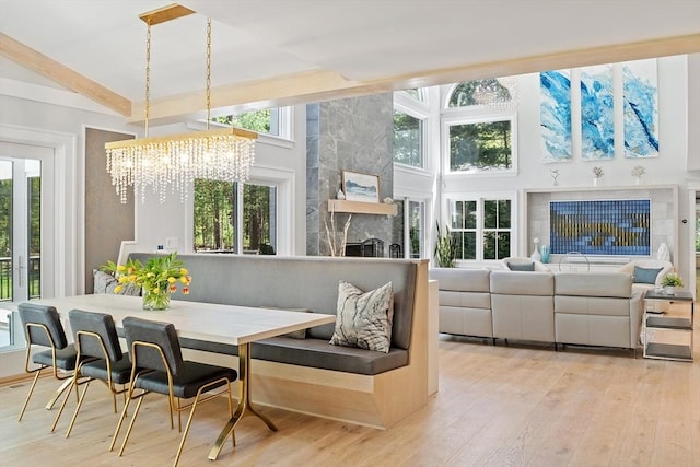 31 Alford Cir, Concord, MA 01742 - dining area with light wood-style floors, a chandelier, plenty of natural light, and a tiled fireplace