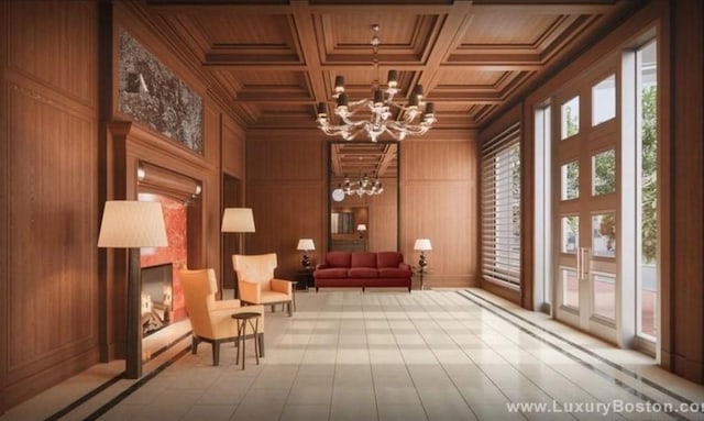 1 Dalton St Unit 3302, Boston, MA 02199 - lobby featuring wood walls, coffered ceiling, crown molding, and wood ceiling with exposed beams
