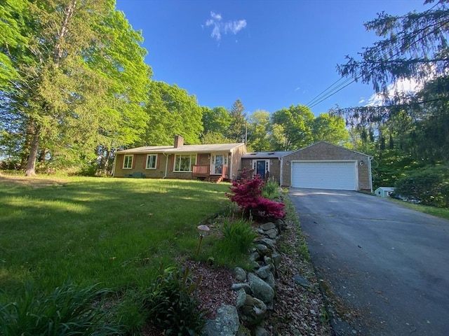 64 Broad St, Rehoboth, MA 02769 - ranch-style home with a front yard, driveway, a chimney, and a garage