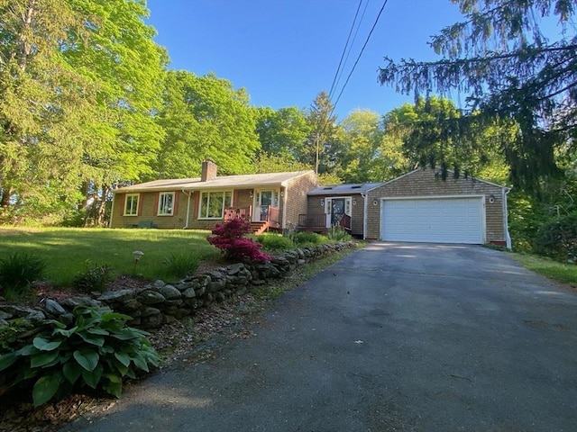 64 Broad St, Rehoboth, MA 02769 - single story home featuring a front lawn, a chimney, asphalt driveway, a garage, and brick siding