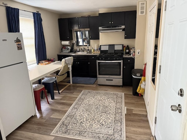 72 Wright St, Stoneham, MA 02180 - kitchen featuring freestanding refrigerator, gas stove, under cabinet range hood, dark cabinets, and light wood-type flooring