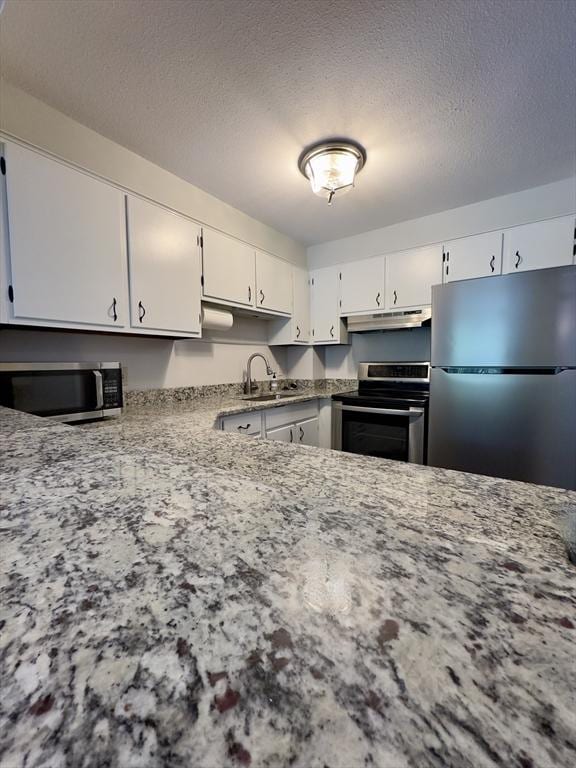 kitchen with under cabinet range hood, white cabinetry, stainless steel appliances, and a sink