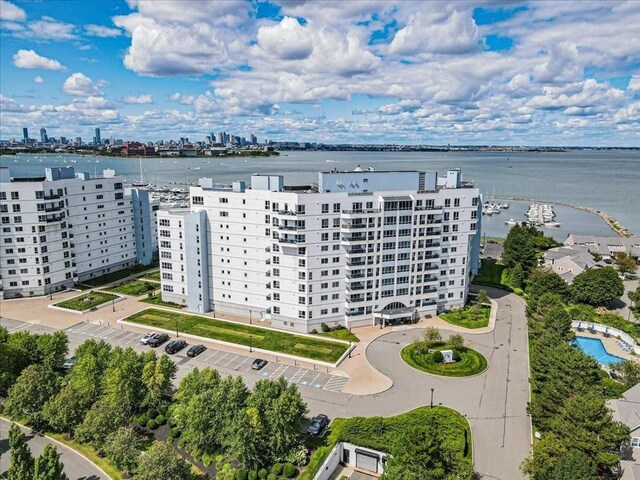 aerial view with a water view and a city view