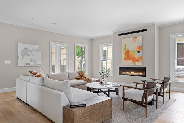 living room featuring crown molding and light wood-type flooring