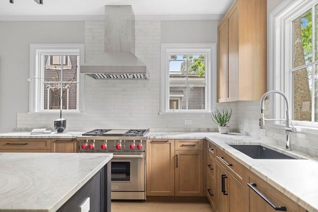 kitchen featuring wall chimney exhaust hood, decorative backsplash, light hardwood / wood-style floors, and luxury stove