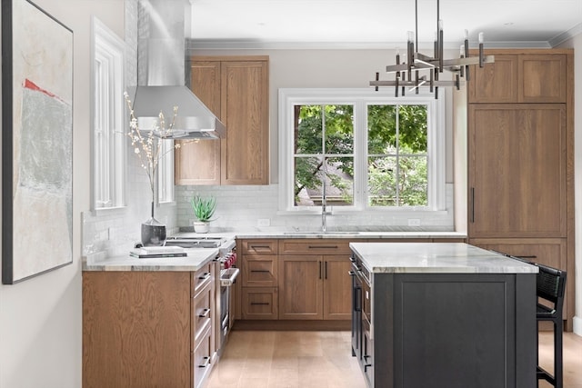 kitchen featuring high end stainless steel range oven, wall chimney exhaust hood, tasteful backsplash, light hardwood / wood-style floors, and sink