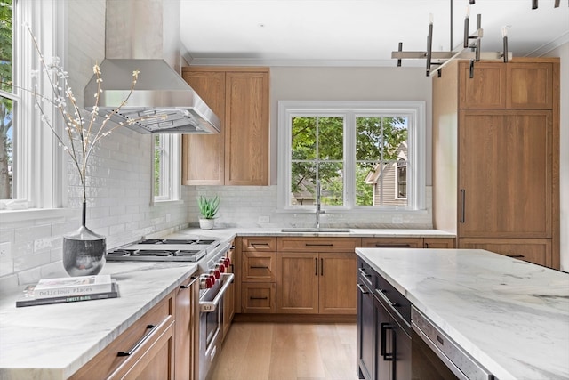 kitchen featuring island exhaust hood, double oven range, light hardwood / wood-style floors, and tasteful backsplash