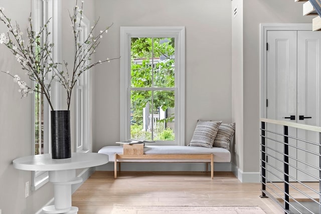 sitting room featuring a wealth of natural light and light hardwood / wood-style flooring