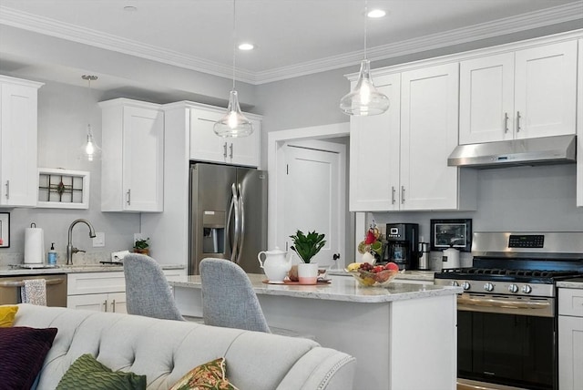 132 High St Unit B, Newburyport, MA 01950 - kitchen with stainless steel appliances, under cabinet range hood, open floor plan, white cabinetry, and light stone countertops