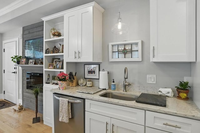 132 High St Unit B, Newburyport, MA 01950 - kitchen featuring dishwasher, open shelves, light wood finished floors, white cabinetry, and crown molding