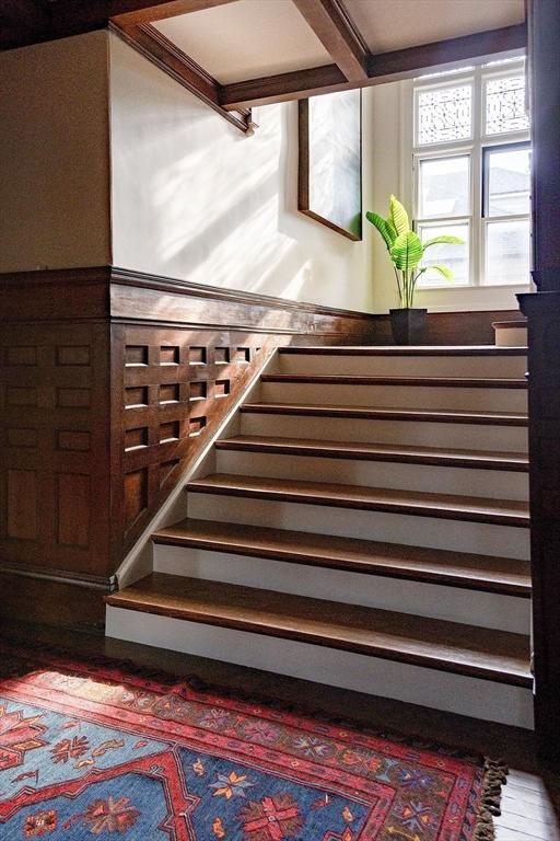 151 Salisbury Rd, Brookline, MA 02445 - stairway featuring wood finished floors and beam ceiling
