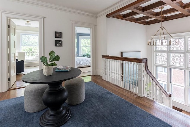 151 Salisbury Rd, Brookline, MA 02445 - dining room with healthy amount of natural light, wood finished floors, beamed ceiling, coffered ceiling, and a chandelier