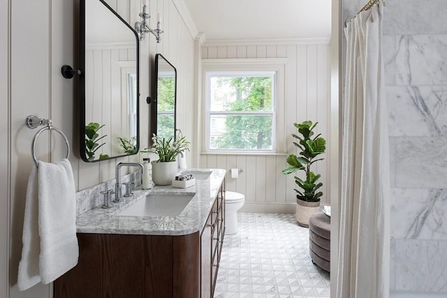 151 Salisbury Rd, Brookline, MA 02445 - full bathroom featuring vanity, ornamental molding, a shower with shower curtain, and tile patterned floors