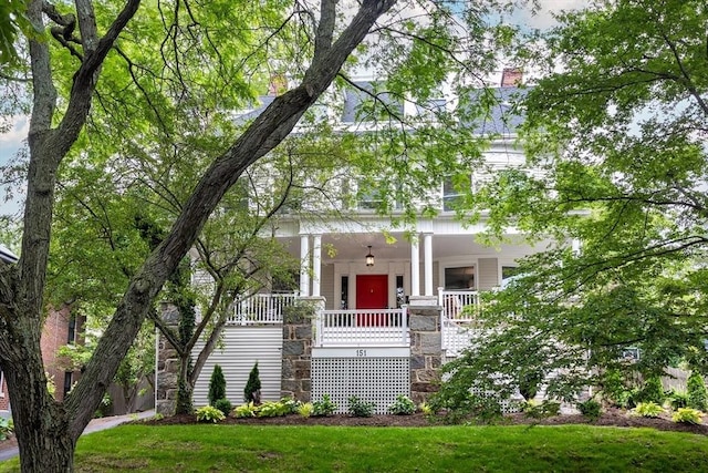 151 Salisbury Rd, Brookline, MA 02445 - view of front of property featuring a porch, stairway, and stone siding