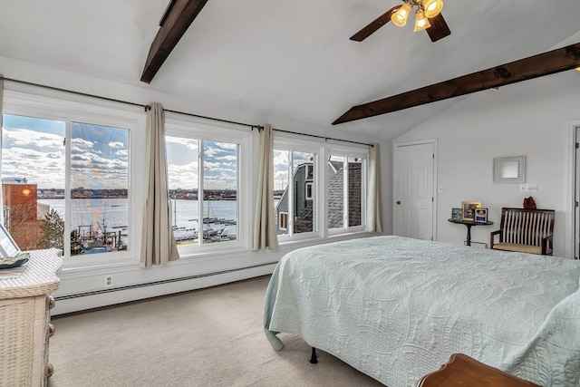 bedroom with lofted ceiling with beams, carpet floors, multiple windows, and a baseboard radiator