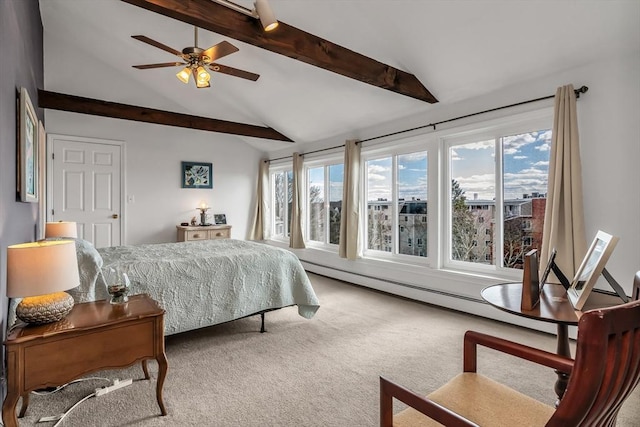 bedroom featuring vaulted ceiling with beams and carpet floors