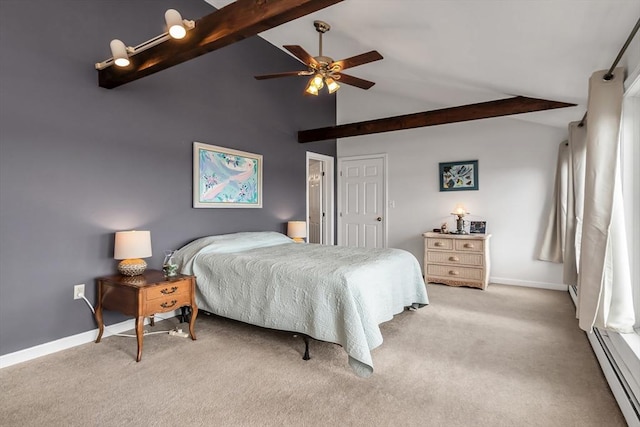 carpeted bedroom with baseboards, a baseboard radiator, ceiling fan, beamed ceiling, and high vaulted ceiling