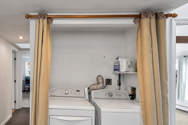 laundry room with laundry area, carpet, and separate washer and dryer