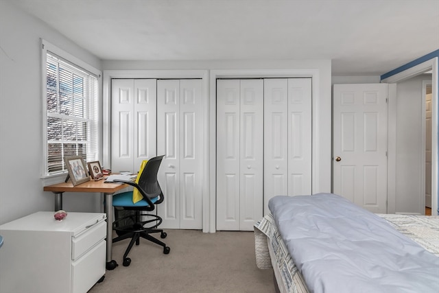 bedroom with multiple closets and light carpet