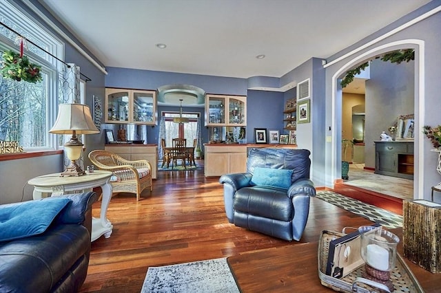 201 Main Rd, Williamsburg, MA 01039 - living room with wood finished floors and arched walkways