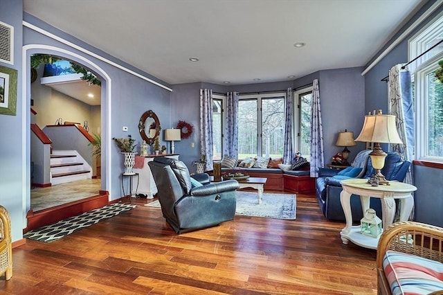 201 Main Rd, Williamsburg, MA 01039 - living area featuring wood finished floors, arched walkways, stairs, recessed lighting, and baseboards