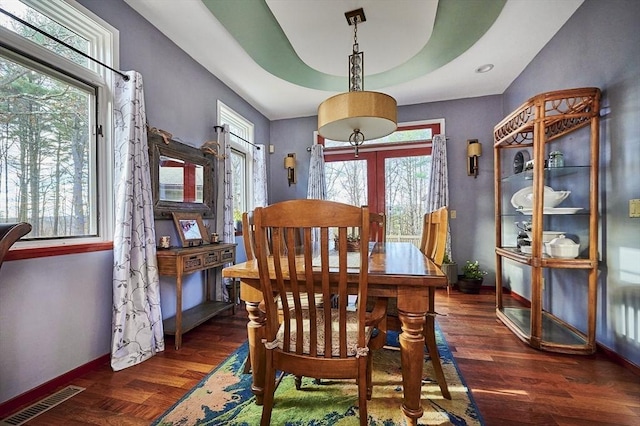 201 Main Rd, Williamsburg, MA 01039 - dining space with french doors, wood finished floors, baseboards, and a raised ceiling