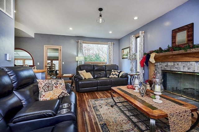 201 Main Rd, Williamsburg, MA 01039 - living room with wood finished floors, recessed lighting, and a stone fireplace