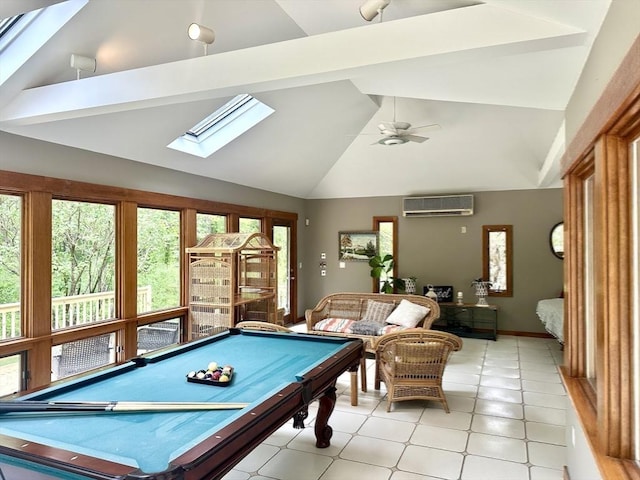 201 Main Rd, Williamsburg, MA 01039 - rec room featuring a skylight, an AC wall unit, high vaulted ceiling, ceiling fan, and pool table