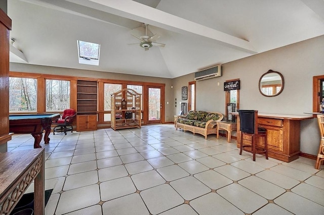 201 Main Rd, Williamsburg, MA 01039 - living area featuring an AC wall unit, ceiling fan, high vaulted ceiling, healthy amount of natural light, and billiards table