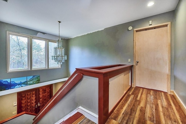 201 Main Rd, Williamsburg, MA 01039 - stairs featuring wood finished floors, baseboards, a chandelier, and recessed lighting