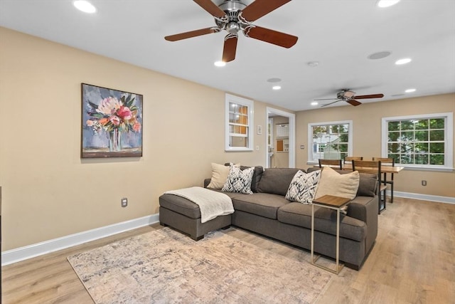 9 Oak St, Wayland, MA 01778 - living area with ceiling fan, baseboards, light wood-style flooring, and recessed lighting